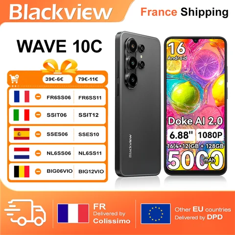 Blackview Wave 10C Smartphone, 6.88" HD+ IPS Display, 4GB RAM+32GB ROM/4GB RAM+128GB ROM, 9.1mm Thin Body 205g Lightweight, 32MP Camera Support 1080P FHD Video, 5000mAh Battery, Doke AI 2.0, Free Protective Case