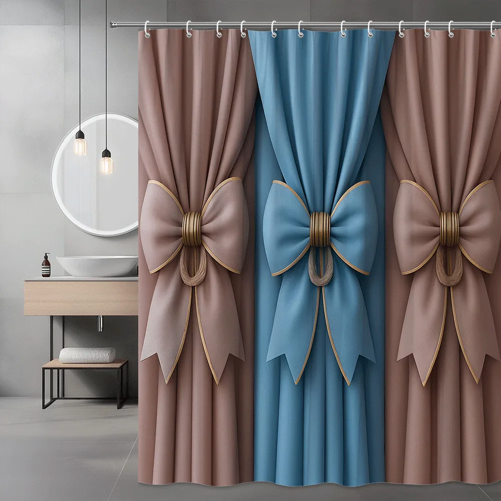 

Элегантная занавеска для душа с бантом, розовый, синий, бархатный дизайн, роскошный декор для ванной комнаты, модный 3D-принт, водонепроницаемые, бесплатные крючки в комплекте