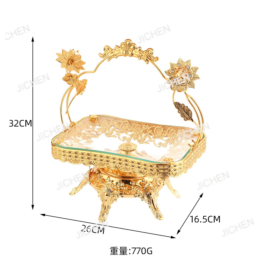 Cesta de frutas portátil de lujo europea, dorada, con incrustaciones de diamantes, de una sola capa, con diseño de pétalos, para banquetes y bodas.