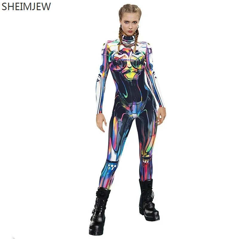 

New Women Steampunk Robot Cosplay Jumpsuit Cyberpunk Mechanical Skull Bodysuit Halloween Carnival Party Zentai Suits Fancy Dress