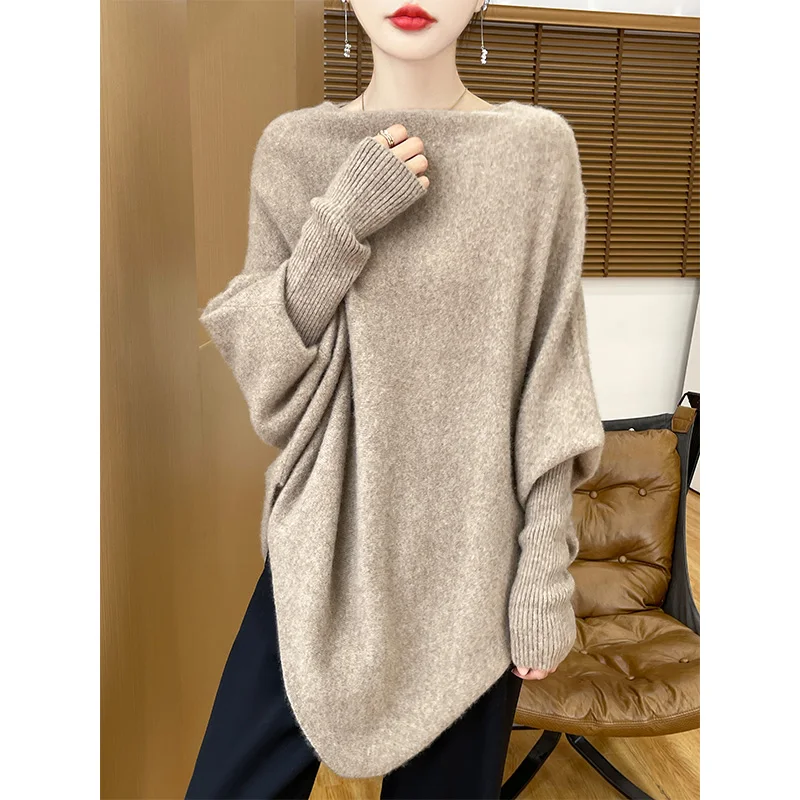 Bat sleeve knitted shawl over cloak autumn new pure wool sweater women's one neck loose medium long sweater