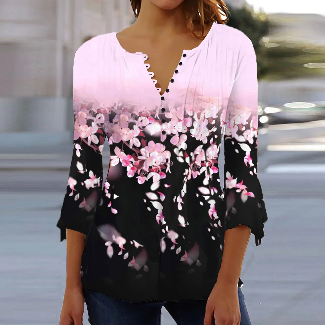 TopsNyfairy-Camiseta con estampado Floral para mujer, manga 3/4, cuello en V, color block, gradiente, talla grande