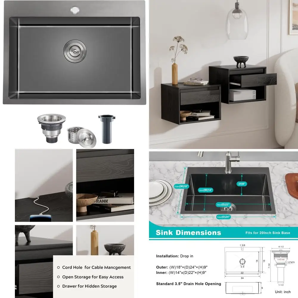 

24 Inch Drop in Kitchen Sinks Black, 24x18 Inch Single Hole 18 Gauge Stainless Steel Single Bowl Kitchen Sink Topmount, D24xW18x