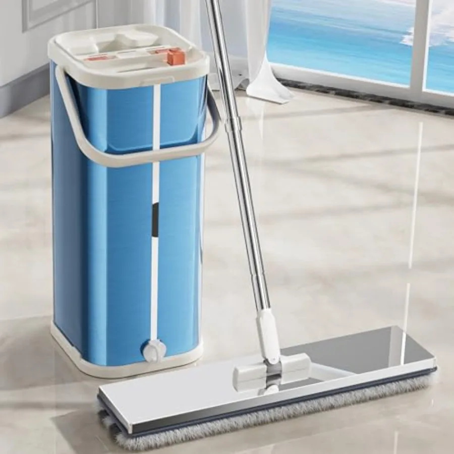 

Separates Dirty Water Mop Flat Mop and Bucket for Home with 4 Extra Refills Stainless Steel Mop and Bucket with Wringer Blue
