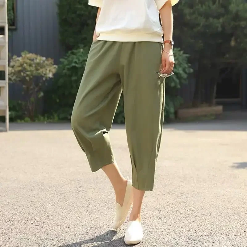 Loose Solid High Waist Large Size Pant Summer Cotton Linen Harem Pants Women Female Casual Khaki Calf-Length Pants Women