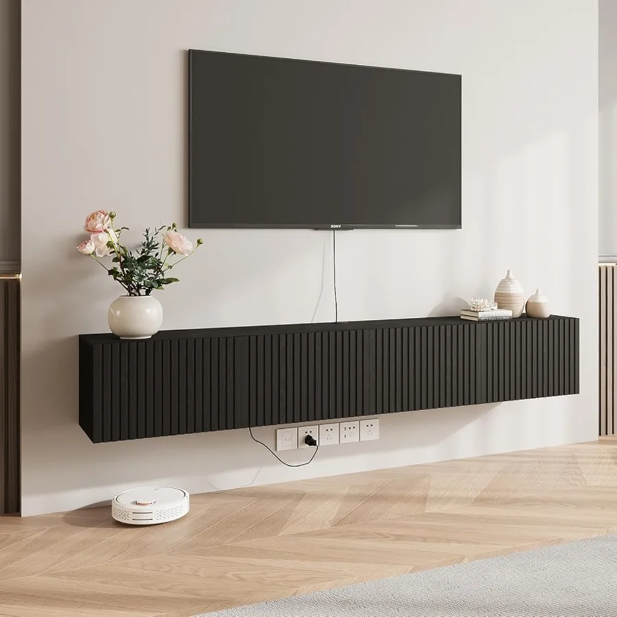 Floating TV Stand Wall Mounted 71 Floating TV Shelf Cabinet with LED Lights Power Outlet Black Midia Console Entertainment Cent