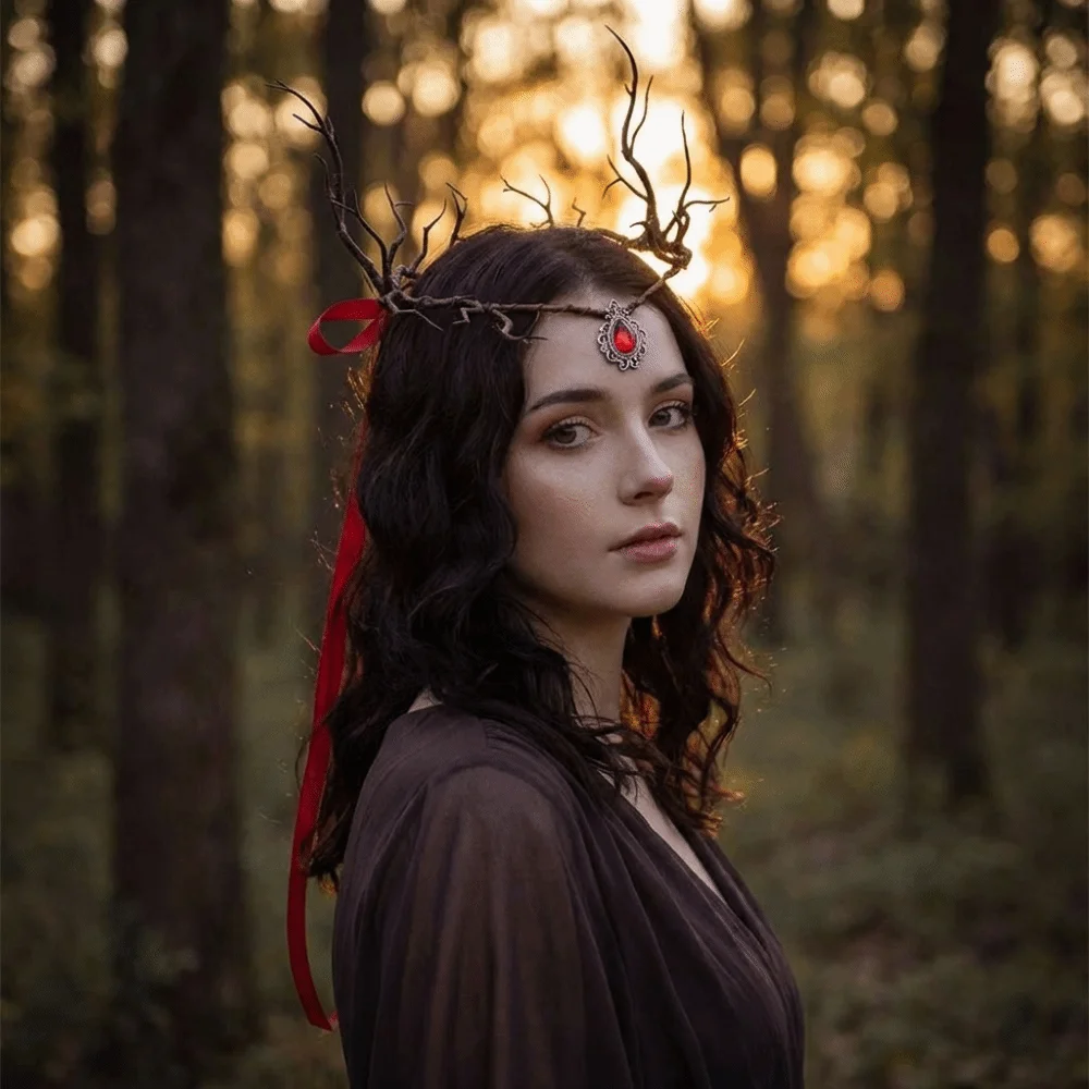 

Photoshoot Vine Elven Crown Fantasy Diadem Elf Tiara Rhinestone Decorated Simulate Tree Leaves Fairy Headpiece Gothic Style