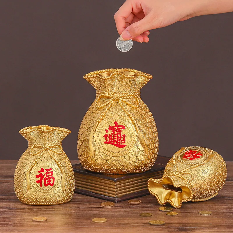 樹脂製の祝福バッグ貯金箱、金貨収納ボックス、家の装飾に最適、コイン貯金箱、最高の贈り物