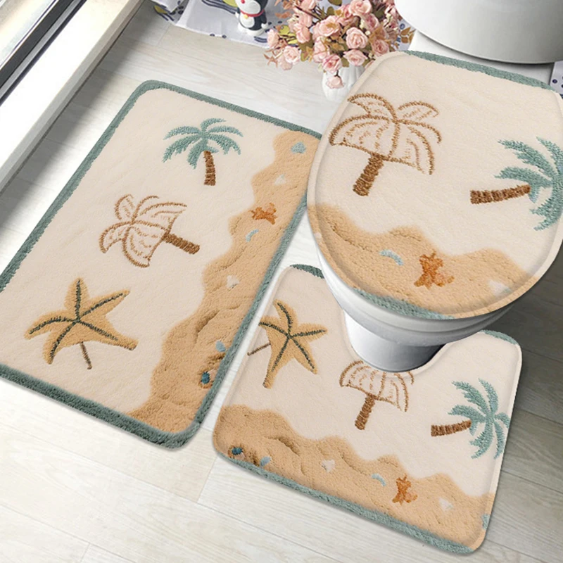 

3PCS starfish coconut tree absorbent bath mat, holiday and summer bathroom carpet, anti slip toilet seat mat, machine washable