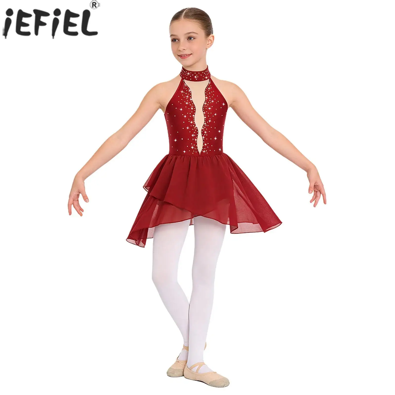 

Kids Girls Lyrical Modern Dance Dress Figure Skating Ballet Gymnastics Costume Sleeveless Rhinestone Mesh Leotard Dancewear