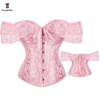6 broches 12 ossos de plástico vitoriano korsett feminino rosa vermelho damasco verde azul marrom preto renda espartilho topo com manga