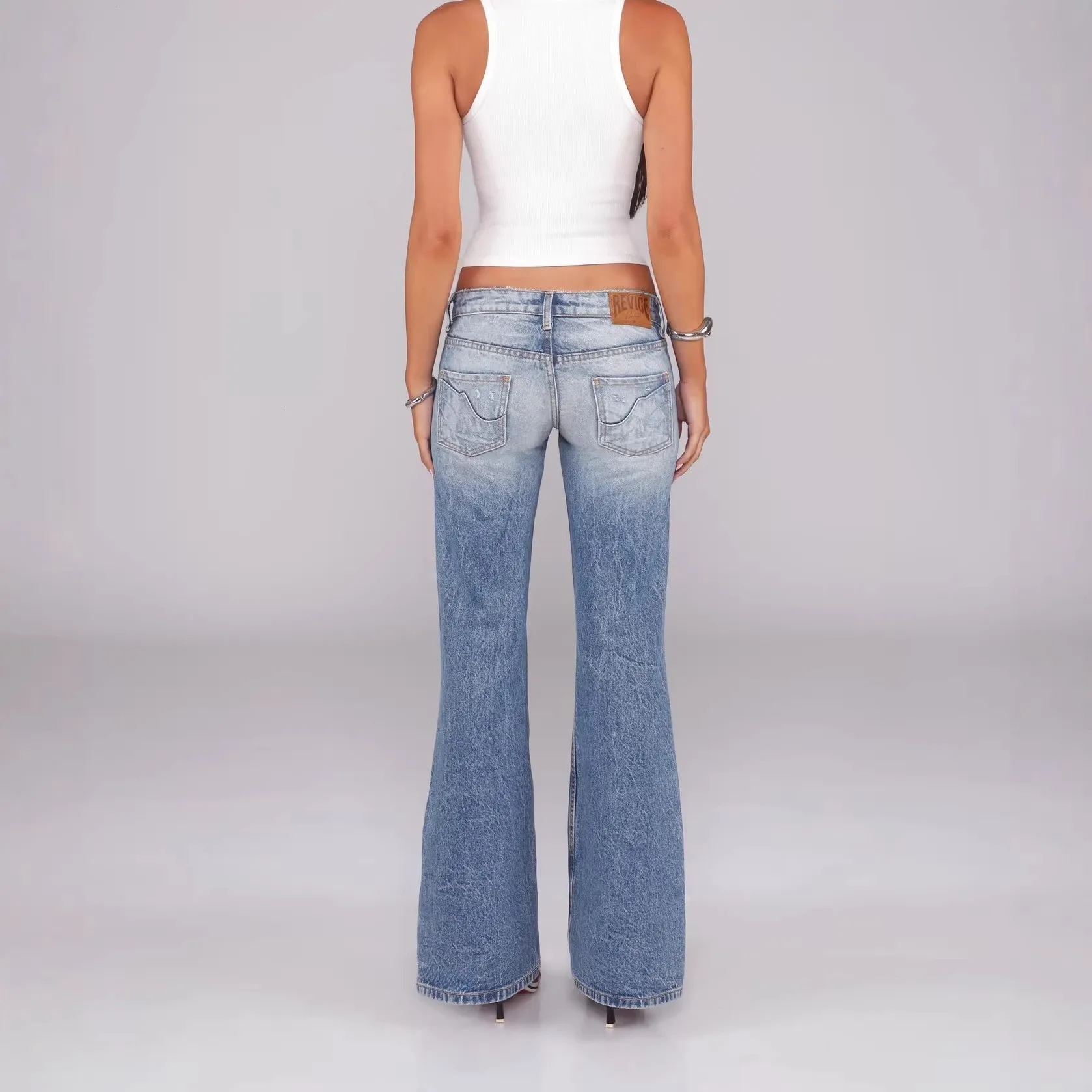 Low Waist Flared Straight Leg Jeans Women's Cross-Border ReviveTK Floor-Length Trousers Cotton Medium Stretch Blue