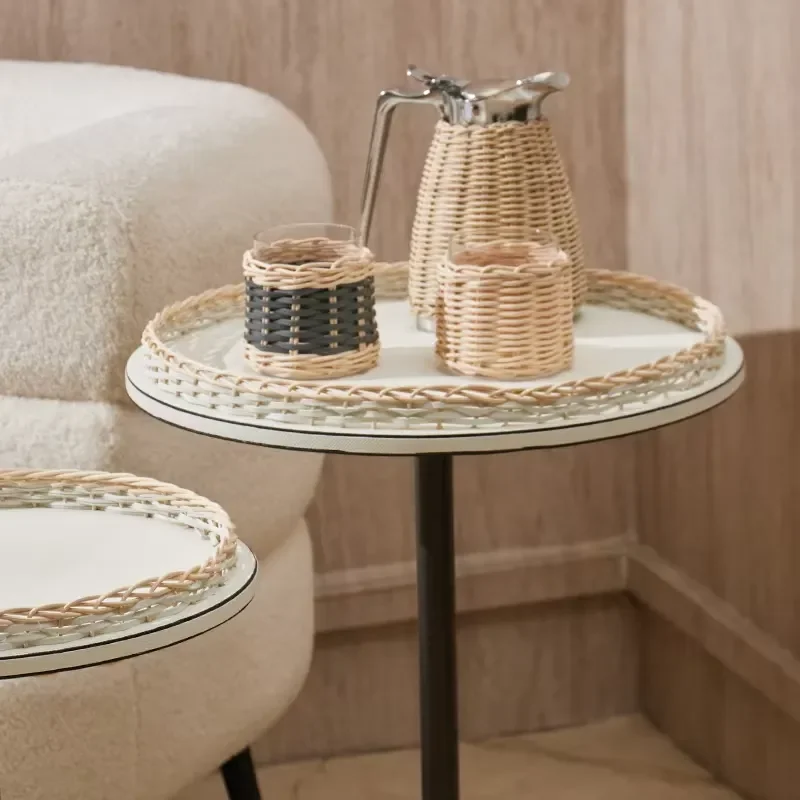 Minimalist Rattan Weave Round Table 100% Handmade Grey Home Decor for Living Room