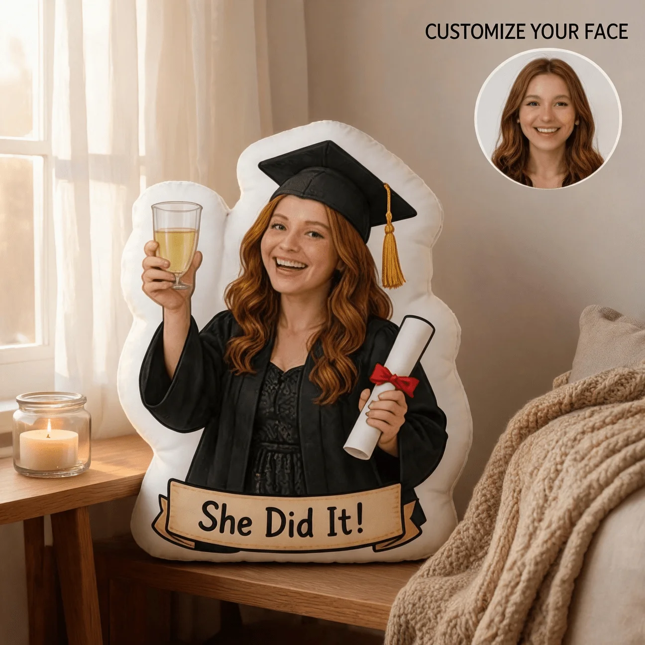 Custom Graduation Photo Shaped Pillow, Personalized Face Customization Decorative Cushion, 60CM Large Size Accent Pillow for Sof