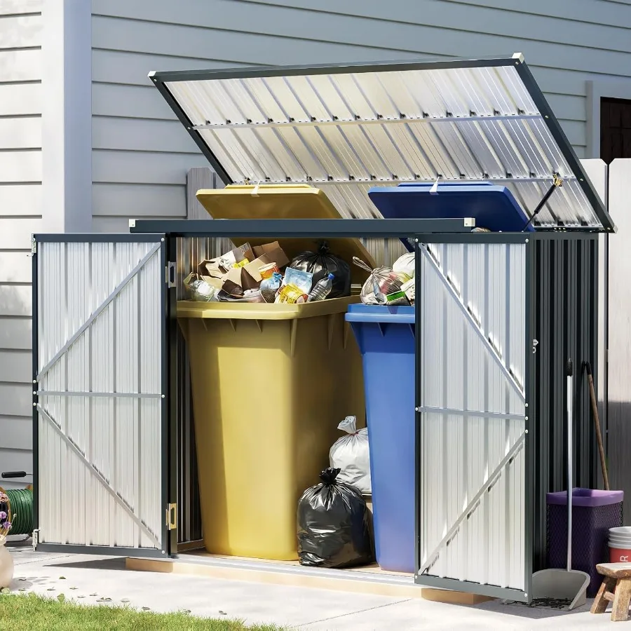 Backyard Trash Can Storage Shed with Lift-Up Lid, Durable Plastic, Gray, Weather-Resistant and Space-Saving Design