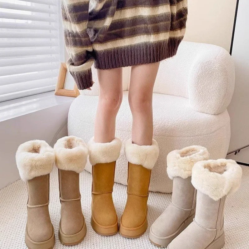 

2025 Winter New Style Two-Way Mid-High Snow Boots for Women Sheepskin Integrated Casual Fleece-Lined Warm Thick-Soled Long Boots