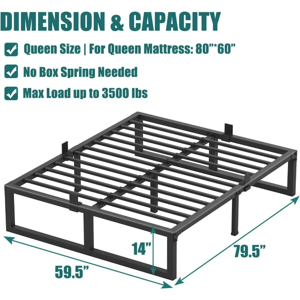 

3500lbs Heavy Duty Metal Platform,reinforced legs Steel Slats Support/No Box Spring Needed/Noise Free/Non-Slip/Easy Assembly