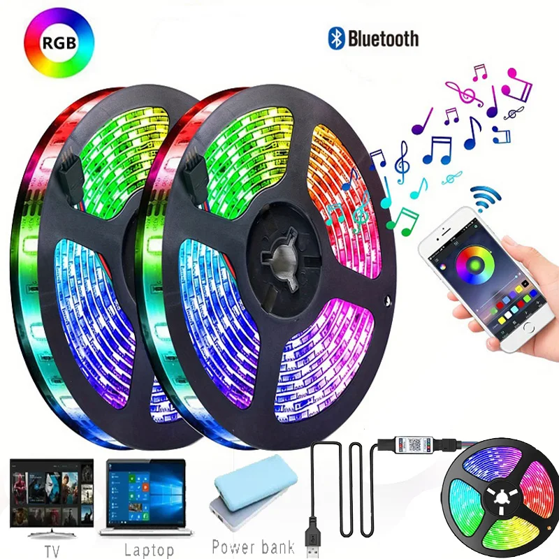 RGB 5050 LED 스트립 라이트 블루투스 앱 제어, 5V USB LED 테이프, 유연한 리본 다이오드 테이프, TV 백라이트 방 장식