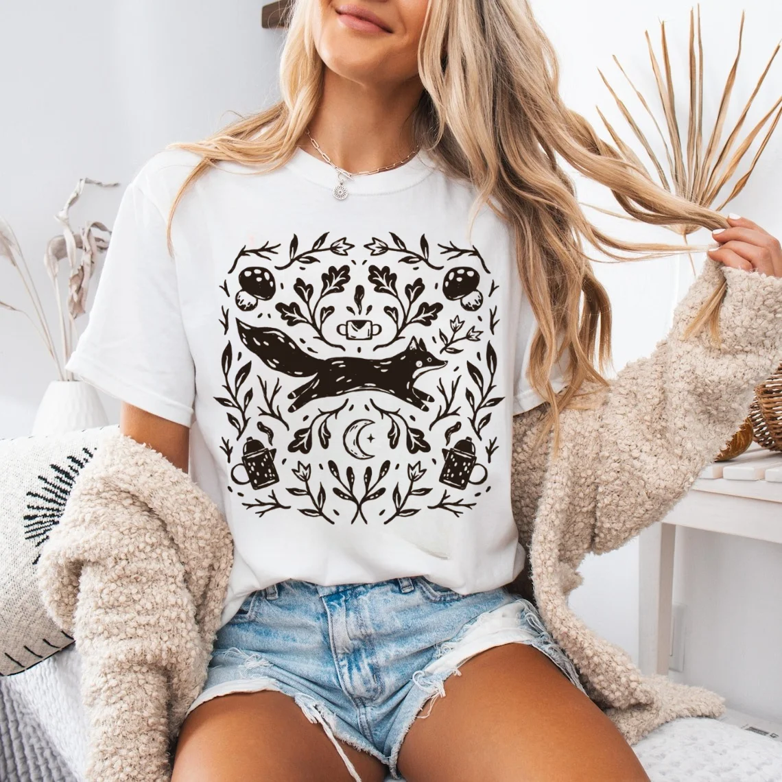 Camiseta divertida con estampado Retro, camiseta informal con estampado de copa de setas y plantas de zorro para mujer, camiseta blanca de manga corta con cuello redondo