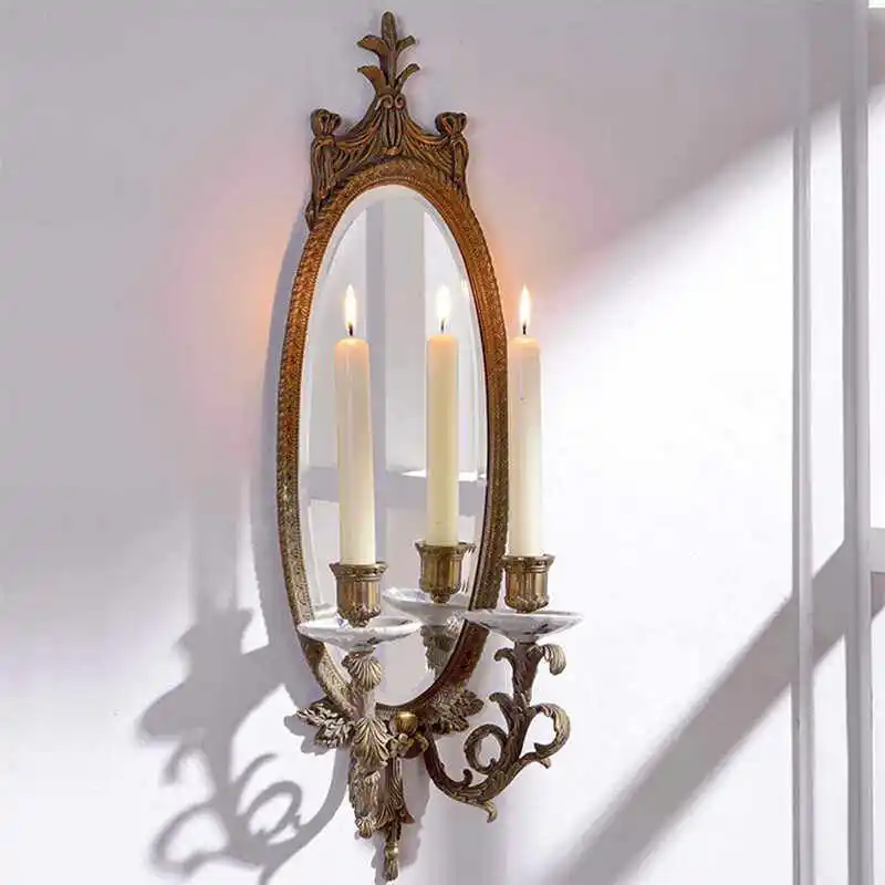 Classical carved wall mirror, living room entrance decoration, retro wall decoration candlestick art mirror