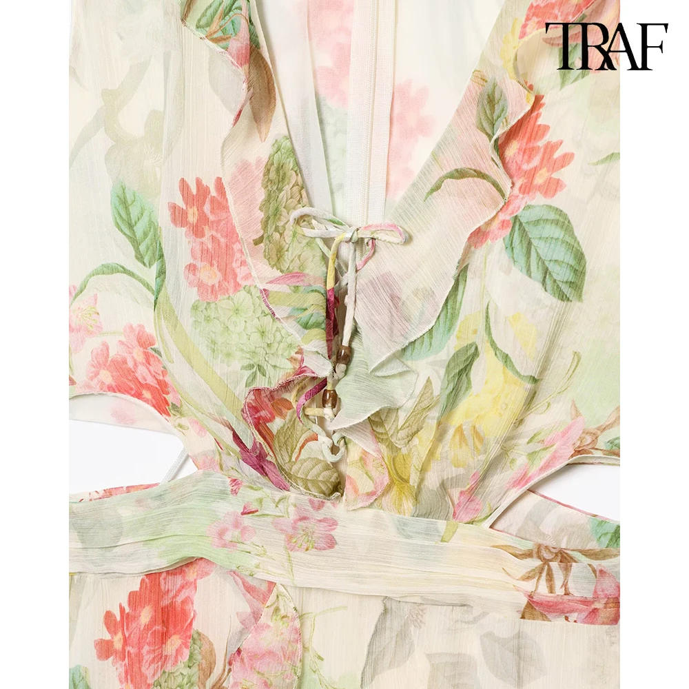 فستان نسائي جديد مطبوع بلا أكمام مطبوع من TRAF فستان نسائي جديد بدون أكمام Y2K فستان نسائي مثير برقبة على شكل V مجوف شاطئي 2025 صيفي مزاجية ملابس نسائية #5