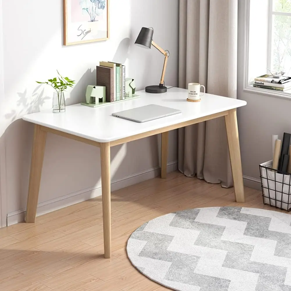 White 39 Inch Minimalist Wooden Writing Desk, MDF Tabletop with Solid Wood Legs, Nordic Style PC Laptop Computer Table, Home Office Live Broadcast Workstation, Easy 10-Minute Assembly