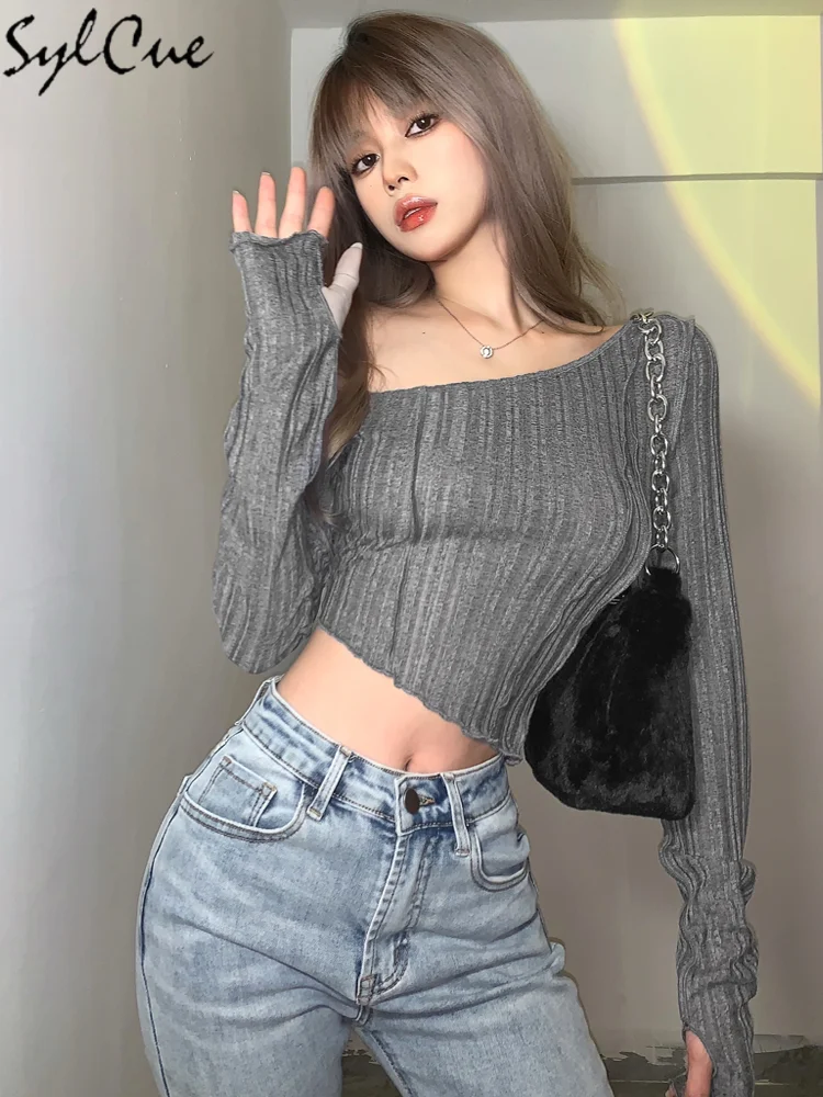 Sylcue Classic Retro All-Match Commuter Strapless Beveled Solid Color Transparent Strip Loose Elastic Slim Women's Short Top