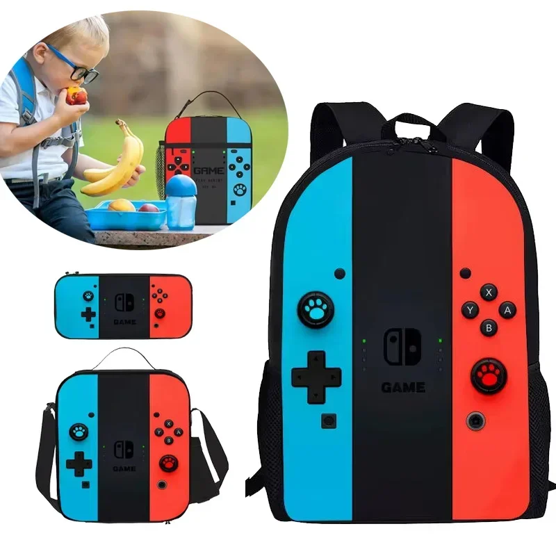 Three Sets Game Console Pattern DIY Backpack Lunch Bag Pencil Case Shoulder Bag for Primary and Secondary School Students