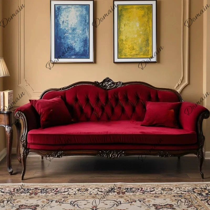 French solid wood three-person sofa hotel studio double red sofa villa designer shadow reception sofa