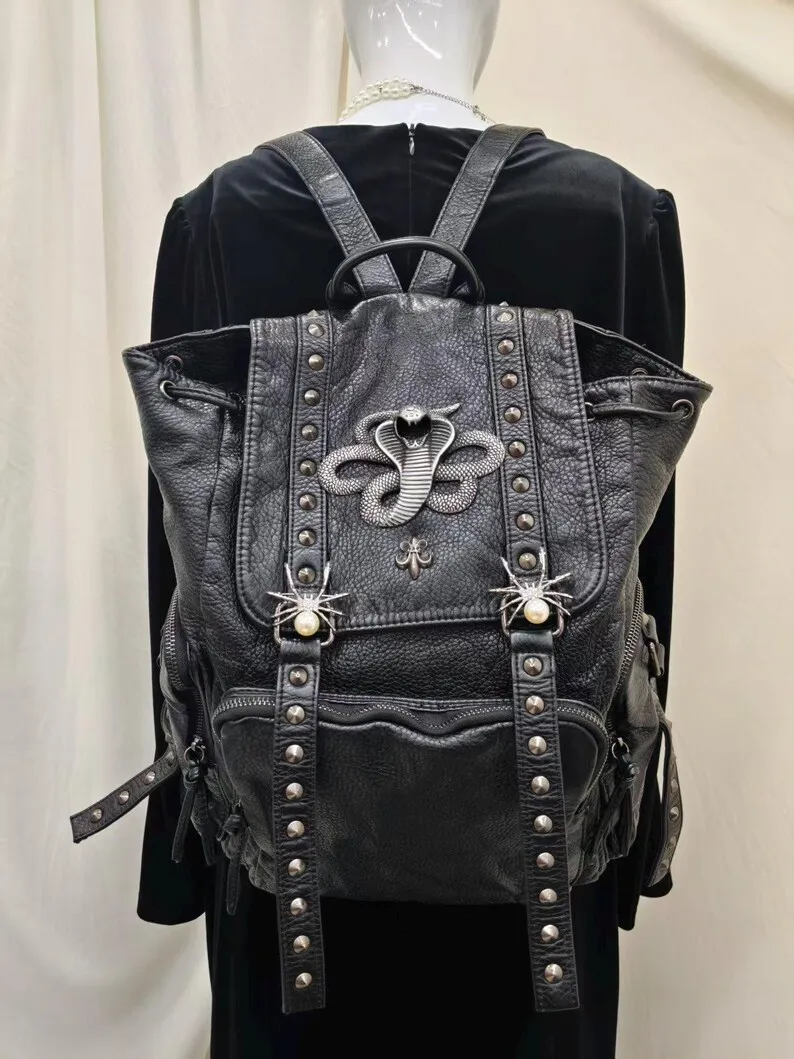 Black Pebbled Faux Leather Backpack Silver Cobra Spider Pearl Studded Hardware Gothic Grunge Y2K Bag