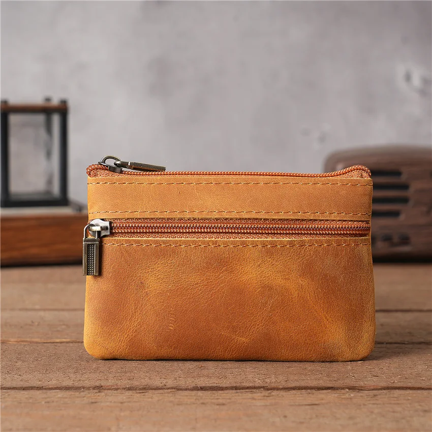 Vintege Genuine Leather  Cowhide Men's Leather Short Wallet Mini Purse Men Women Brown Coffee Colored Zipper Coin Bag Card