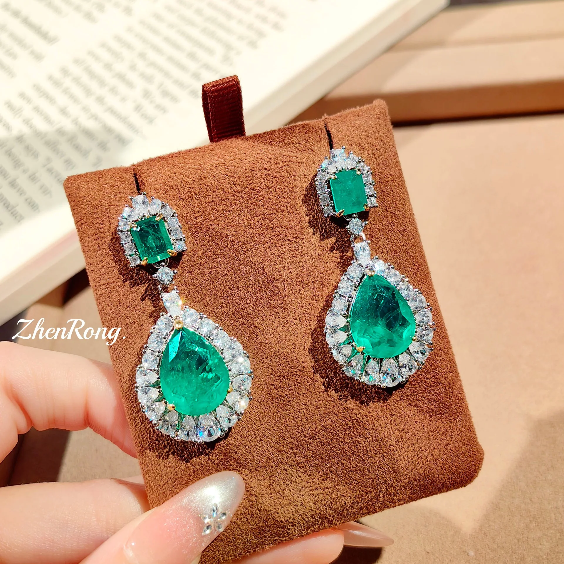925 Sterling Silver Retro Big Water Drop Stud Earrings with Natural Cotton Emerald Gemstones Elegant Jewelry for Women