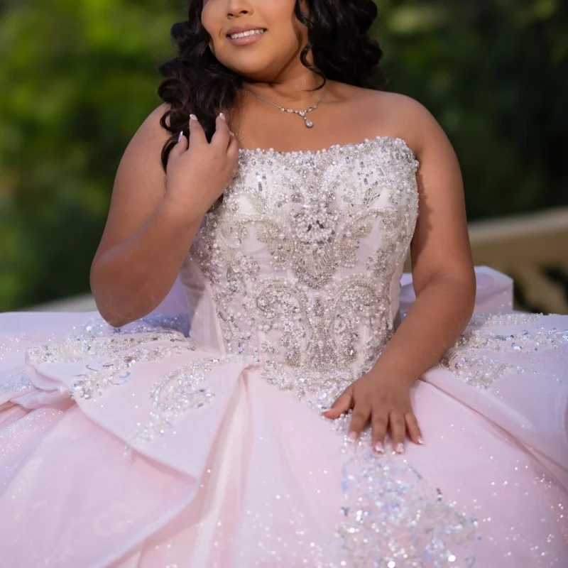 

Shiny Light Pink Quinceanera Dress off-shoulder Glitter Crystal Decal Long tail Big Bow vestidos de 15 Quinceanera ﻿Customize
