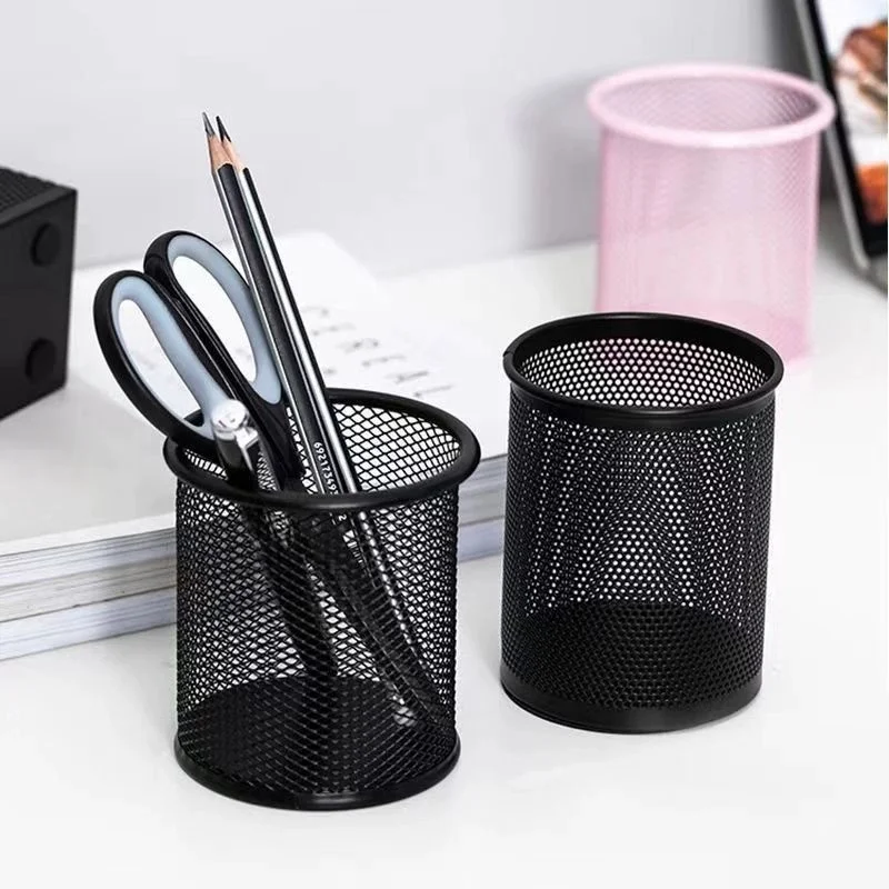 

Black Metal Mesh Desk Organizer - Round Pen Holder Pencil Cup Multifunctional Desktop Storage Container for Office Student Use