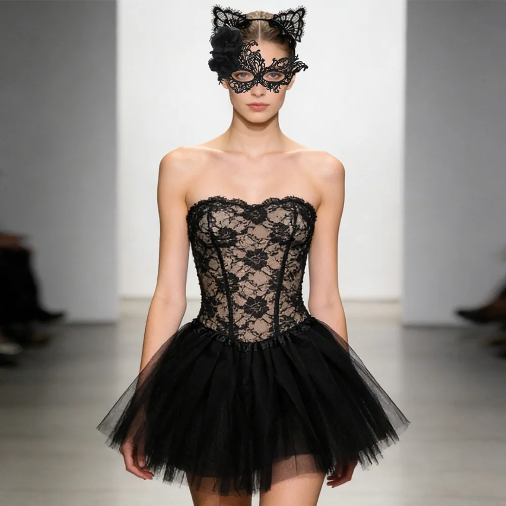 Halloween Party Mask Cute Cat Ear Headband Masquerade Mask Delicate Half Face Lace Mask Skirt Dance Masquerade Costume Event