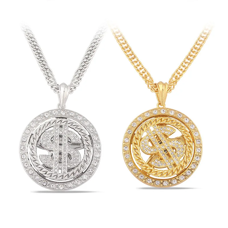 Hip Hop Rotatable US Dollar Pendant Necklace Men Gold Sliver Color Ice Out Crystal Sign Rock Pendant Rapper Bling Cosplay