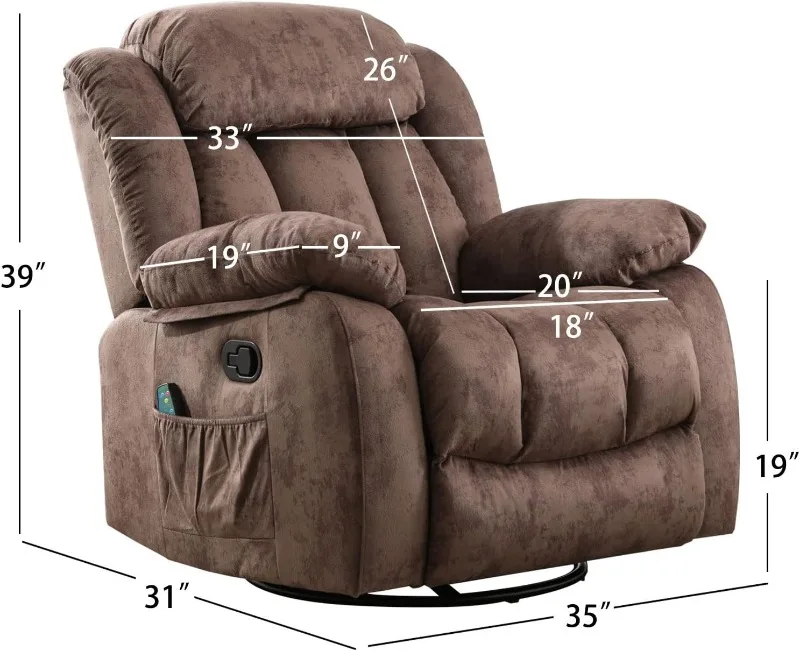 CANMOV Massage Rocker Recliner with Heat and Vibration, 360 Degree Swivel Manual Antiskid Fabric Single Sofa Heavy Duty Reclinin