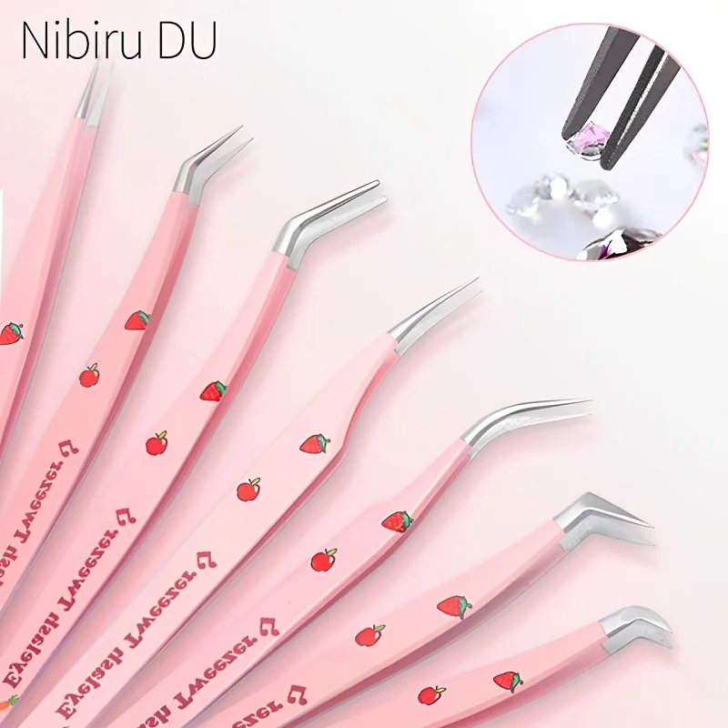 Nail Art Tweezers Stainless Steel Nail Rhinestone Picker Tool Straight Curved Tweezer Set  For Lashes Extension Nail Accessories