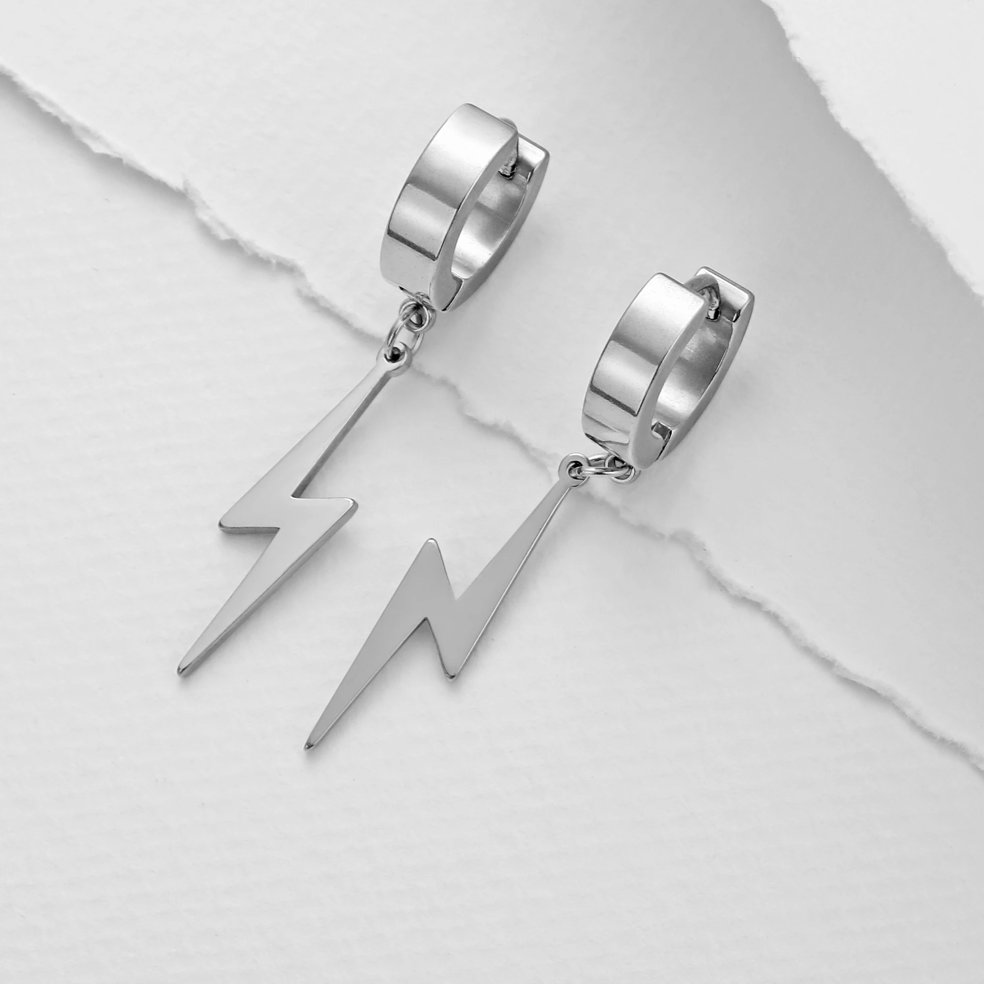My Shape Punk Lightning Earrings Men Stainless Steel Black Color Hoop Earring Fashion Hiphop Male Jewelry Party Ear Accessories