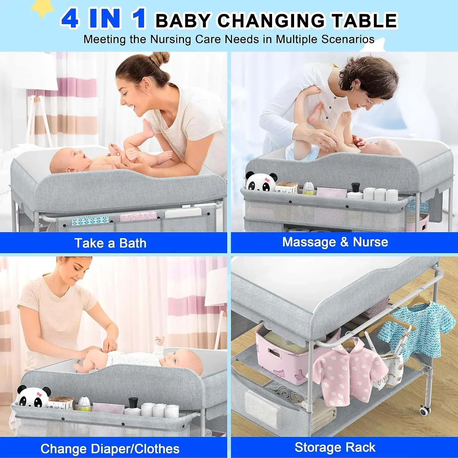 Portable Baby Changing Table, Foldable  Table Dresser   Station, Height Adjustable Waterproof Diaper Changin