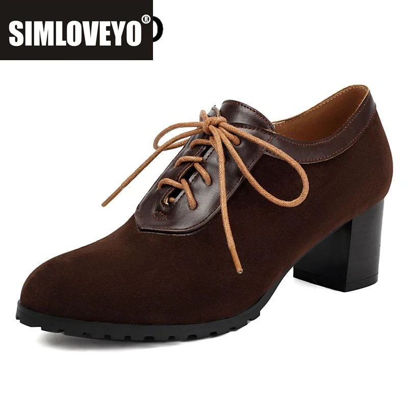 

SIMLOVEYO 2024, новые офисные женские туфли-лодочки с круглым носком, блочные каблуки 5,5 см, шнуровка из флока, замша, большие размеры 41 42 43, повседневная женская обувь для взрослых