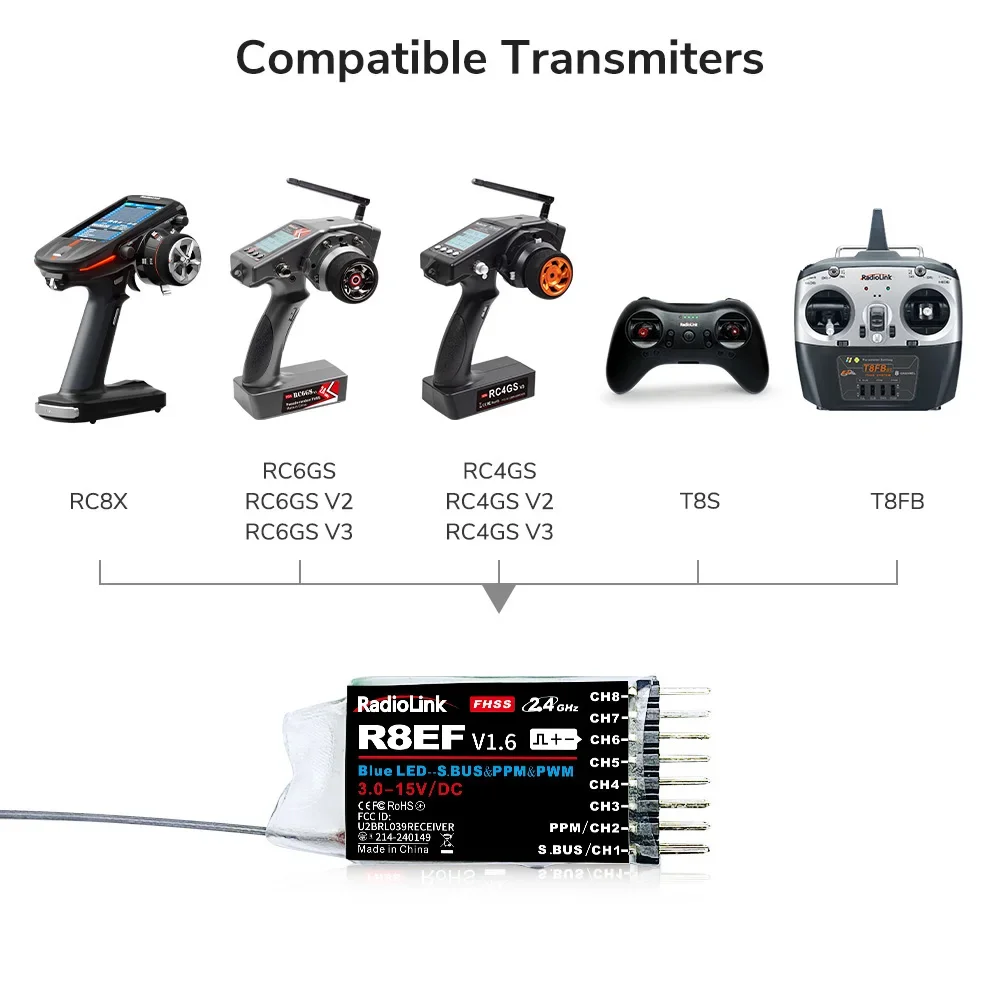 جهاز استقبال Radiolink R8EF 2.4G 8 قنوات يدعم SBUS PPM PWM 8CH لطائرة قارب RC T8FB T8S RC3S RC4G RC4GS RC6G الارسال