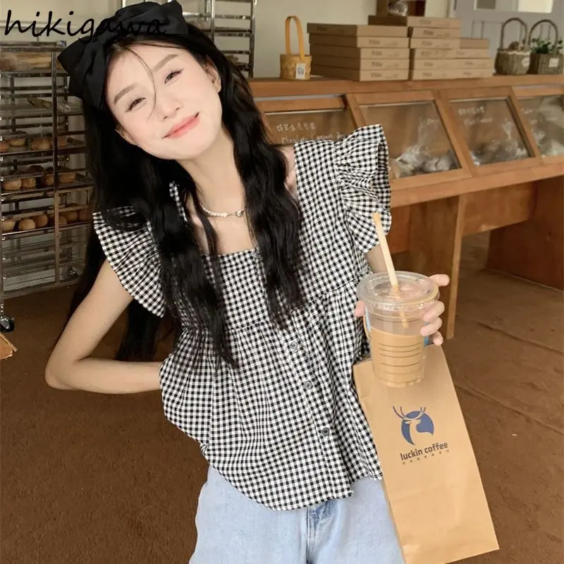 Sweet Women Blouse 2023 Blusas Mujer De Moda Square Collar Flying Sleeve Fashion Summer Blouses Tops Loose Plaid Cute Shirts