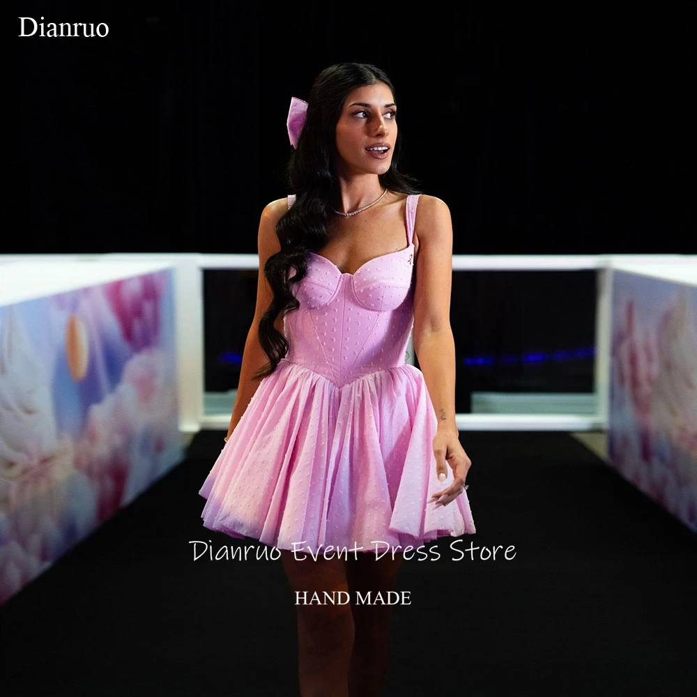 

Dianruo Flirty Spaghetti Straps Prom Dresses Pleated Sweetheart Homecoming Dress Pink A Line Puffy Birthday Dress Customized