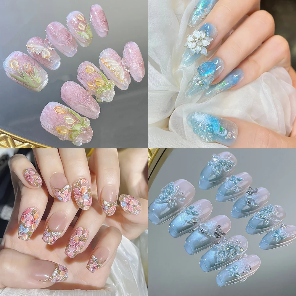 

10Pcs Handmade French High-Grade Wind Almond Nail White 3D Flower Simple and Gentle Removable Wear Nail Art Girl Birthday Gift