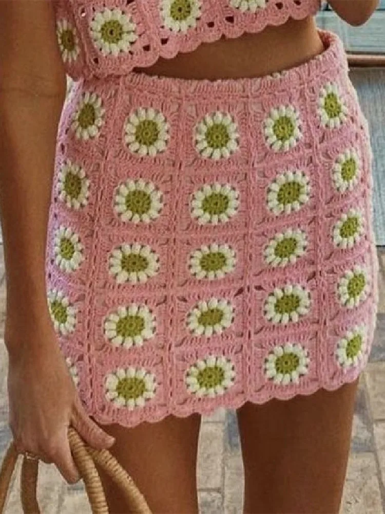 BOHO Pink Sun Flower Plaid Hand Crochet Crop Top Sleeveless Tanks Women Lacing up Bandage Waist Mini Short Skirt 2 Pieces Set