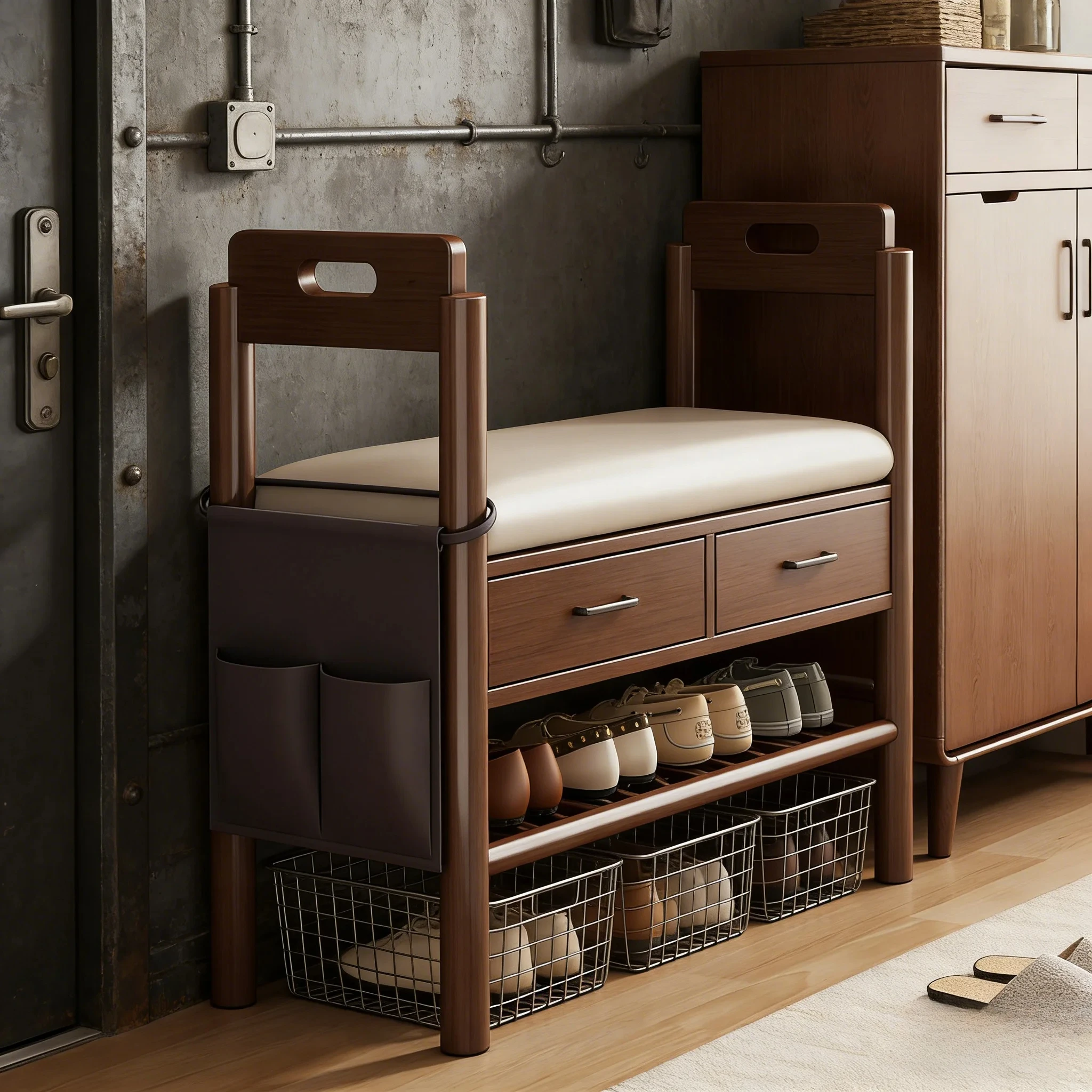 

-Для табурета для смены обуви из цельного дерева с подлокотником для дома, скамейка для обуви для сидения в дверном проеме, обувь 96245&