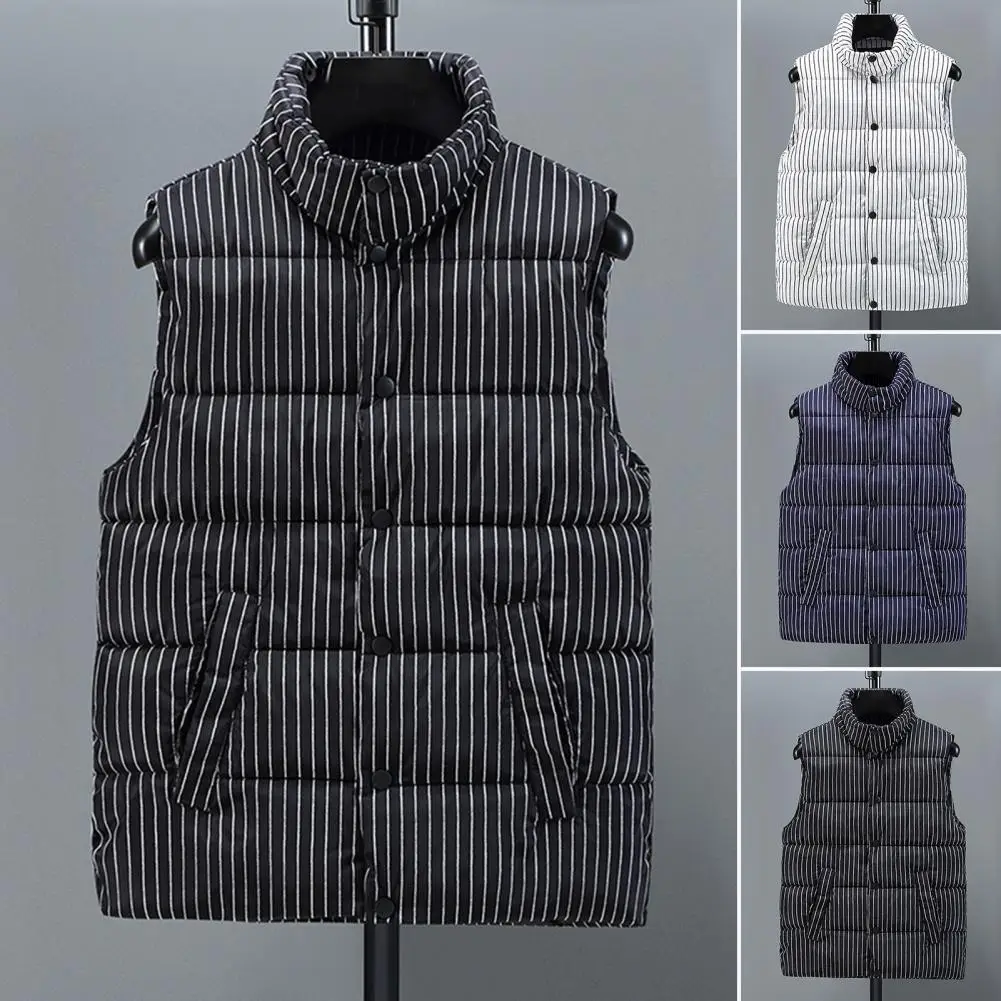 Autumn Winter Men Vest Cotton Padded Striped Windproof Korean Style Single Breasted Korean Warm Waistcoat Vest for Daily Wear