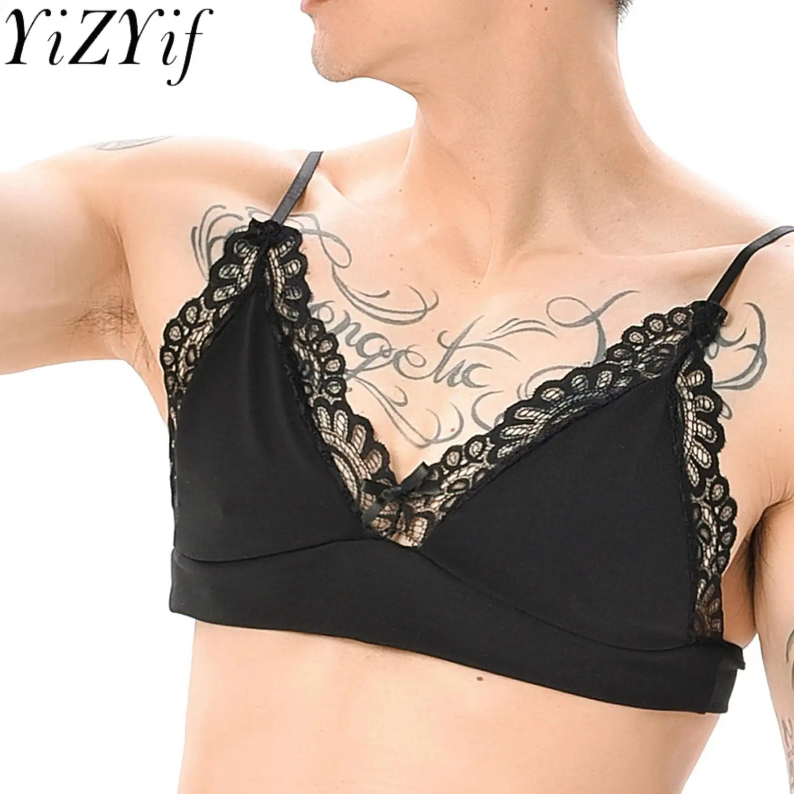 Sexy Men Erotic Lace Bra Crossdressing Lingerie Spaghetti Straps Adjustable Wire-free Unlined Tops Transparent Blouse Camisole