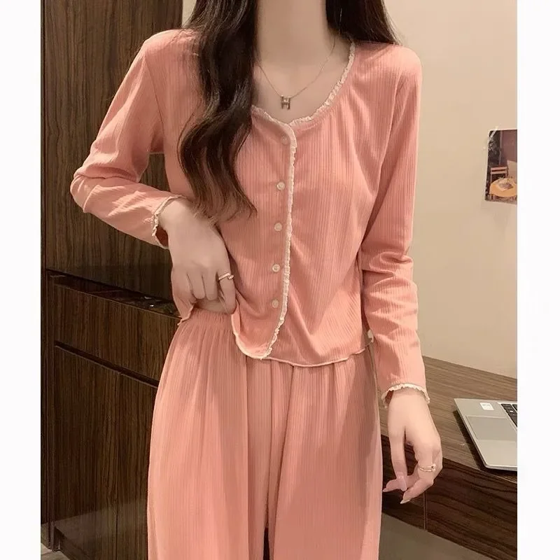 Pijama de manga comprida estilo princesa feminino, roupa de dormir, cardigã com gola redonda, traje floral, conjunto de duas peças, primavera, outono, novo, 2024